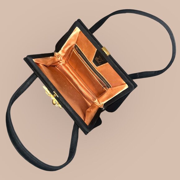 Dofan Vintage Handbag Black Fabric Gold Pave Clasp Purse 60s France Formal Bag - Picture 5 of 8